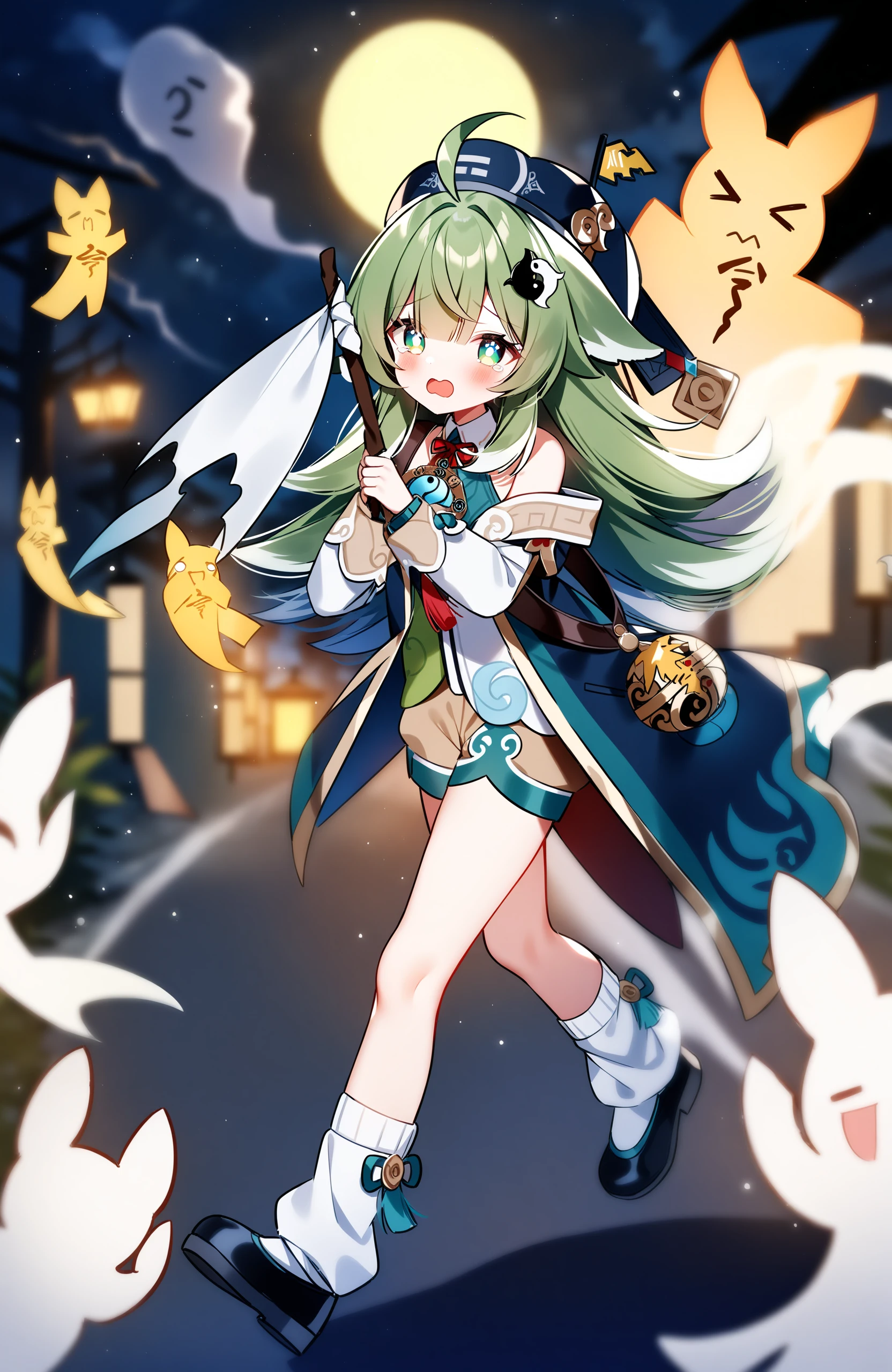 masterpiece,best quality,very aesthetic,absurdres,paw-shaped_pupils,
1girl,ahoge,animal_ears,bare_shoulders,black_footwear,black_headwear,breasts,bright_pupils,chromatic_aberration,flag,fox_ears,full_moon,ghost,green_eyes,green_hair,highres,holding,holding_flag,honkai:_star_rail,honkai_(series),huohuo_(honkai:_star_rail),looking_at_viewer,medium_hair,moon,night,open_mouth,outdoors,running,sidelocks,small_breasts,socks,solo,tail_(honkai:_star_rail),tears,weri,white_pupils,white_socks,yin_yang,yin_yang_hair_ornament,
<lora:HuoHuo1.1-000045>,