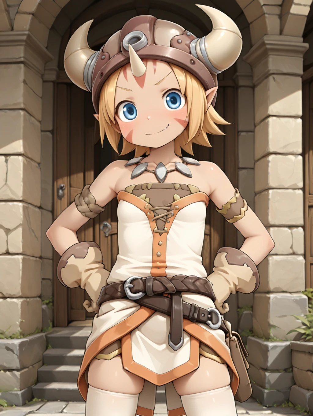 1girl, solo, Gob, blonde hair, short hair, blue eyes, facial marks, helmet, horns, single horn, white clothes, gloves, belt, necklace, white thighhighs, 

smirk, cowboy shot, looking at viewer, hands on hips, 

masterpiece, best quality,amazing quality, very aesthetic, absurdres, depth of field, blurry background, extremely detailed face, detailed eyes