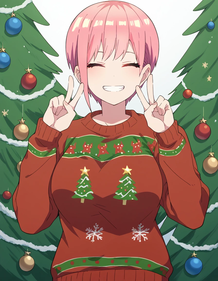 score_9, score_8_up, score_7_up, source_anime, <lora:ichika-nakano-s2-ponyxl-lora-nochekaiser:1>, ichika nakano, short hair, bangs, pink hair, pixie cut, large breasts, <lora:christmas-sweater-ponyxl-lora-nochekaiser:1>, christmas sweater, christmas, ugly sweater, print sweater, red sweater, christmas tree, christmas ornaments, sweater, multicolored sweater, , v, smile, hands up, teeth, closed eyes, cowboy shot,