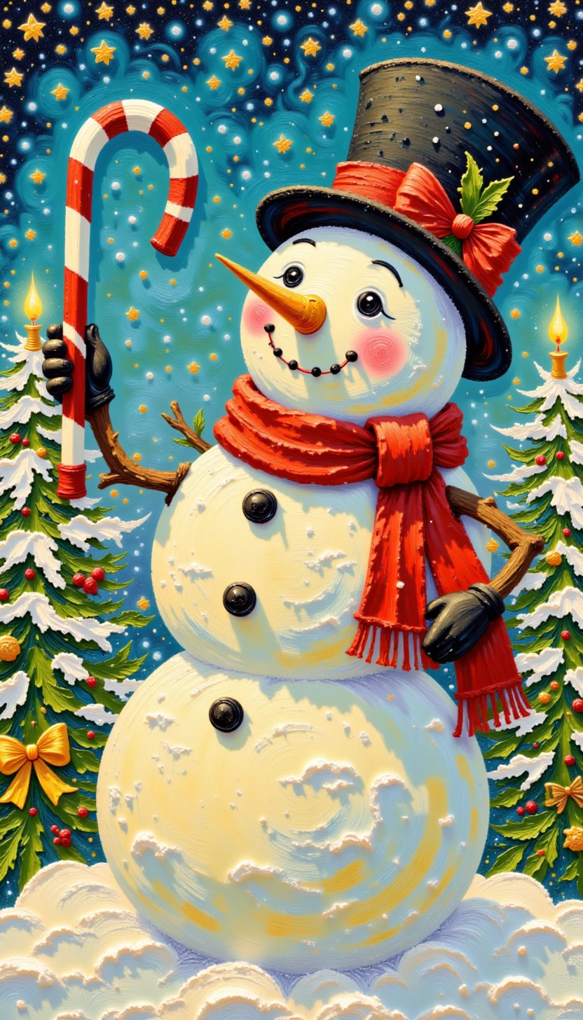 pinkvintagechristmasoilpainting, 

A retro Christmas advertisement featuring a snowman holding a candy cane and wearing a top hat.