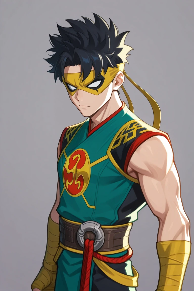 score_9, score_8_up, score_7_up, score_6_up, score_5_up,score_4_up, source_anime
masterpiece, best quality, amazing quality, very aesthetic, absurdres, newest,
 iron fist, black hair, yellow bandana, domino mask, chinese clothes, green shirt, bandages, 1boy, male focus, solo, glowing, no eyes, skinny, slim, white sclera