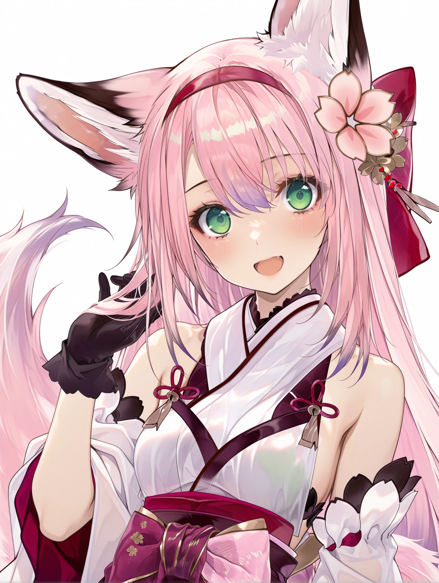 masterpiece,best quality,amazing quality,
solo,1girl,
<lora:Hanazuki_ilxl_v1.3:1>,Hanazuki,green eyes,fox's tail,h_clothes,black gloves,
<lora:Fixhands_anime_bdsqlsz_V1:1>,
light_blush,:d,upper_body,face_focus,looking_at_viewer,white_background,simple_background,hand_in_hair,, masterpiece,best quality, very aesthetic, absurdres, ultra detailed, high resolution, 4k, extremely detailed CG,