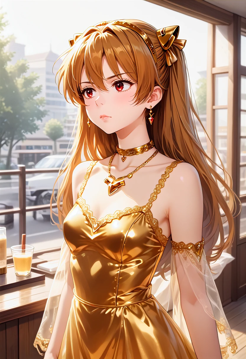 1girl, solo, upper body, Asuka Langley, gold dress, gold necklace, gold choker, gold earrings, gold hairband, lace overlay, see-through cleavage, holding a ruby crystal, looking away, bored facial expression, cafe, window, trees, cityscape, sunlight <lora:WAYGDLT:1>