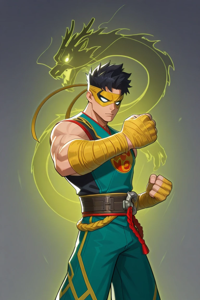 score_9, score_8_up, score_7_up, score_6_up, score_5_up,score_4_up, source_anime
masterpiece, best quality, amazing quality, very aesthetic, absurdres, newest,
 iron fist, black hair, yellow bandana, mask, chinese clothes, green shirt, bandages, 1boy, male focus, solo, glowing, dragon, muscular, eastern dragon, glowing eyes, green pants no eyes, skinny, slim, white sclera