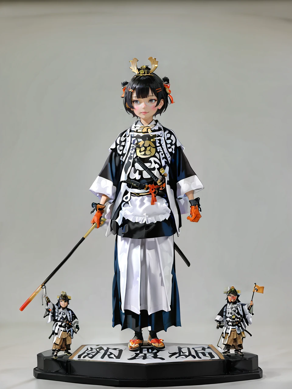 1girl, young girl, round face, down turned eyes, short hair, hair clip on front, 
black and white samurai costume, black and white kimono, holding direction stick, glove, 
standing on circular stage, 
simple background, realistic, pvc figure, photo realistic, 
latest, masterpiece, best quality, very aesthetic, absurdres, high resolution, ultra detailed, detail,
general, kajishozoku, <lora:BushiKajiShozoku_Illustrious:1>