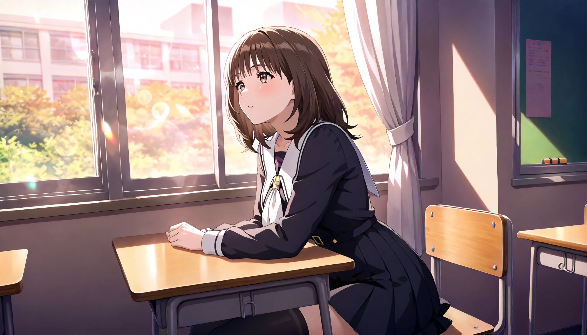 <lora:Is_IoriYoshizukiXLIllustrious001>,
masterpiece,best quality,good quality,newest,
detailed background,school,classroom,window_,desk,school chair,nature,lens_flare,glitter,
parted lips,
looking at another,
solo,
IoriYoshizuki,1girl,brown hair,medium hair,brown eyes,
white sailor collar,black dress,white neckerchief,
pleated dress,
black thighhighs,
sitting,