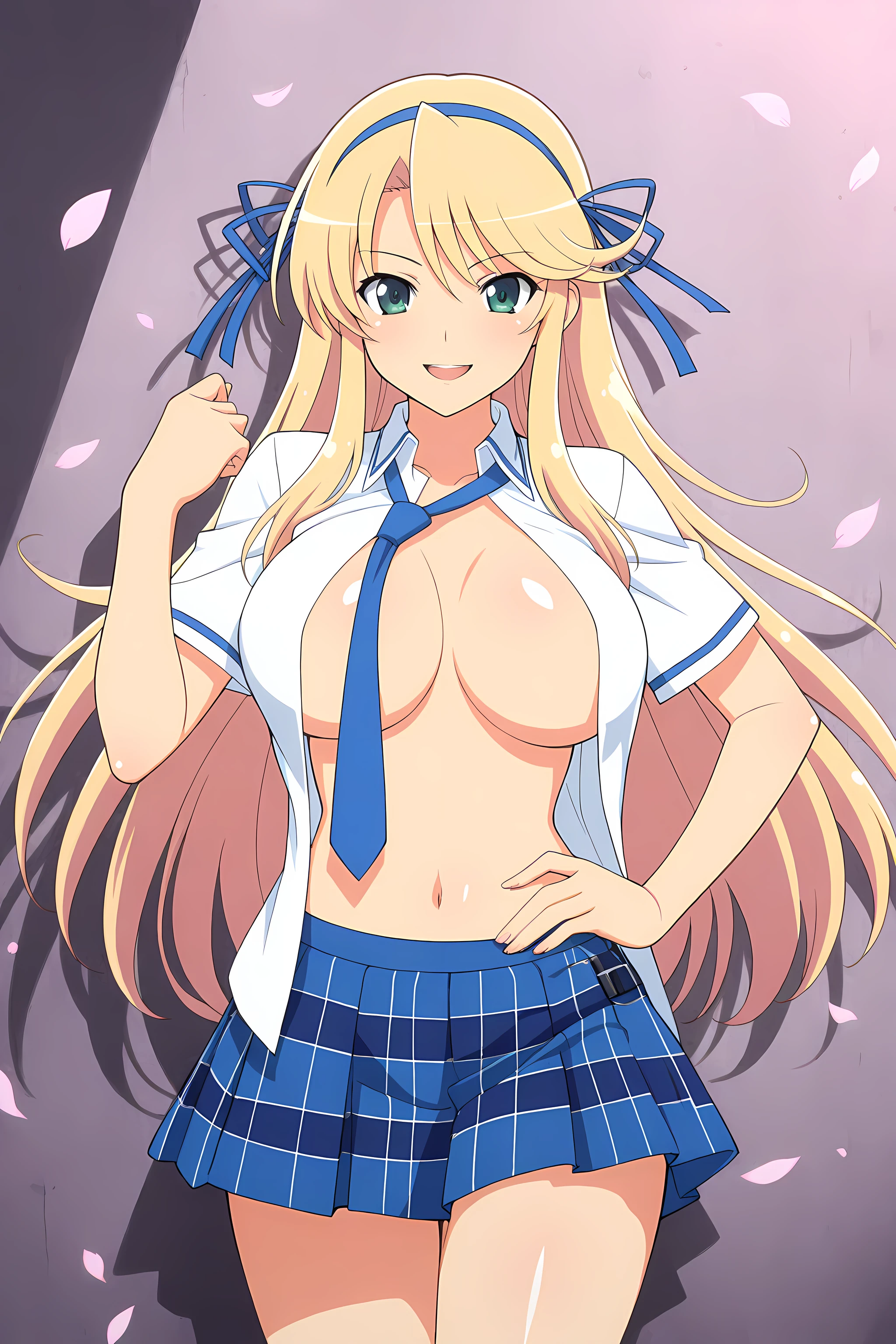 masterpiece, ((sharp expressive eyes)), (((high quality))) 1 girl, senran kagura style, katsuragi, blonde hair, open shirt, standing up, blue dual side hairribbons, blue tie, blue skirt, smiling, wide legs, green eyes, 