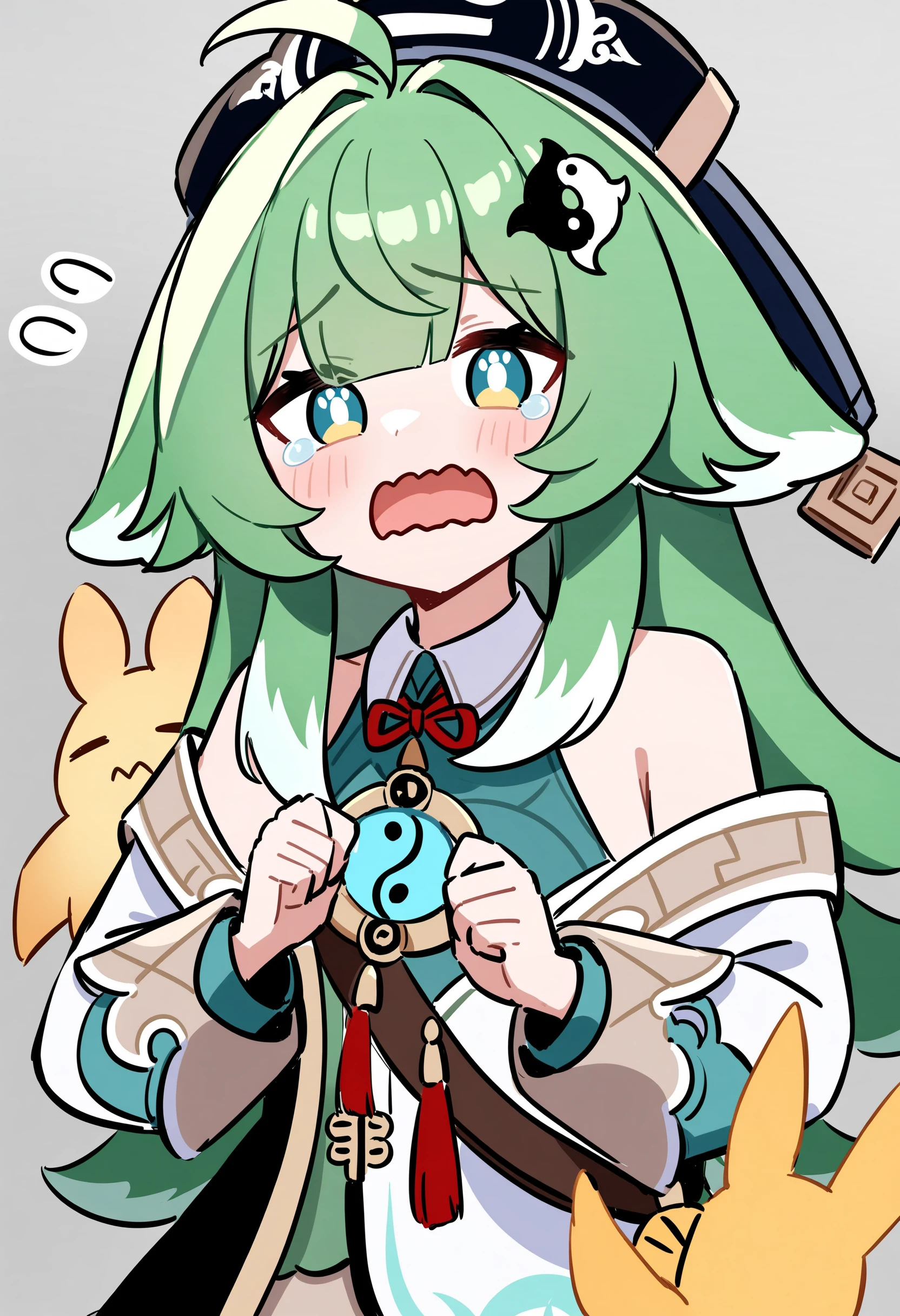 masterpiece,best quality,very aesthetic,absurdres,paw-shaped_pupils,
1girl,absurdres,ahoge,animal_ears,bare_shoulders,chinese_clothes,collared_shirt,detached_sleeves,fox_ears,fox_girl,green_hair,hair_ornament,hat,highres,holding,honkai:_star_rail,honkai_(series),huohuo_(honkai:_star_rail),lappet,long_hair,long_sleeves,looking_at_viewer,neck_ribbon,ofuda,open_mouth,red_ribbon,ribbon,shirt,solo,tail_(honkai:_star_rail),tearing_up,tears,uefw8437,upper_body,wavy_mouth,white_background,white_sleeves,yin_yang_hair_ornament,zhuang_hat,
<lora:HuoHuo1.1-000045>,