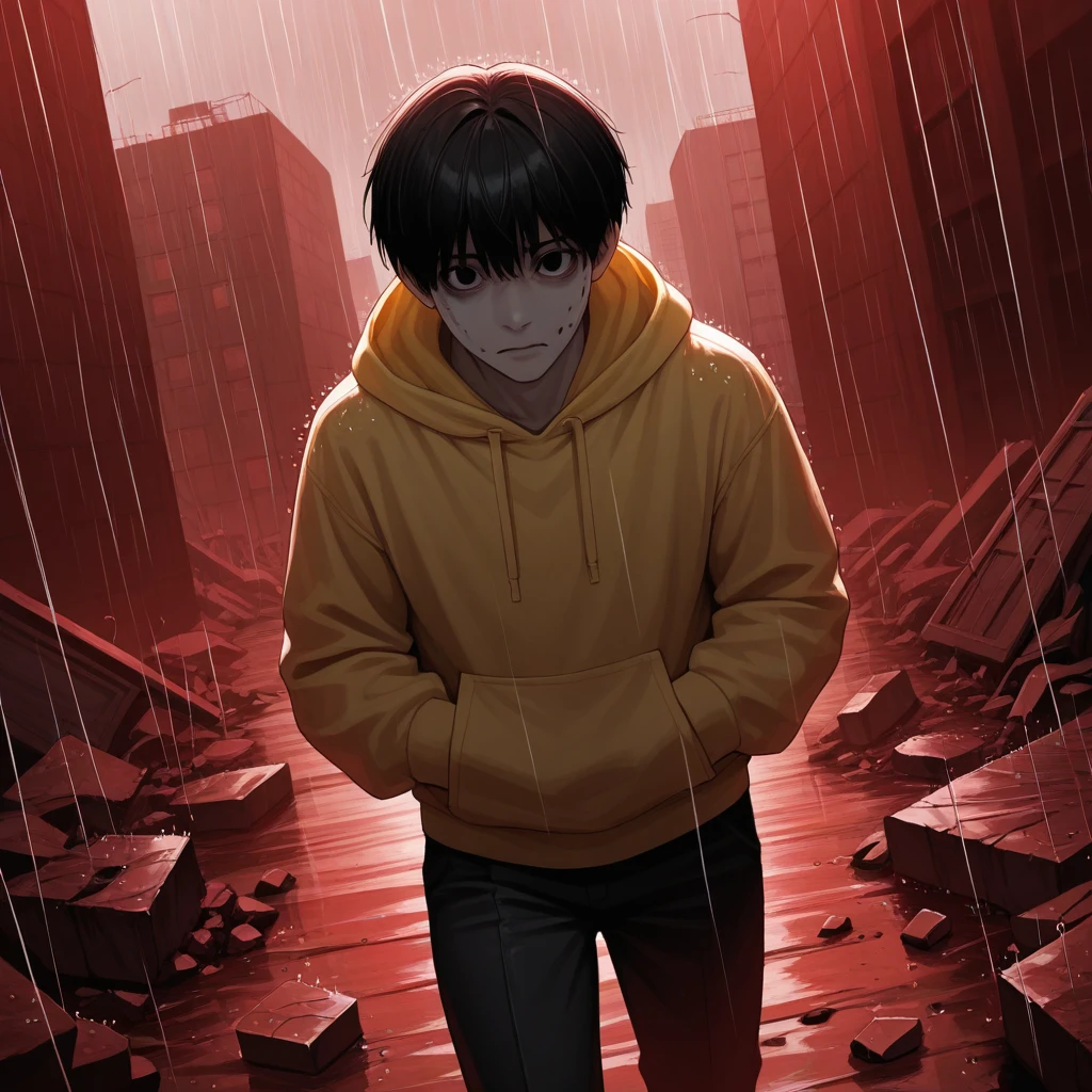 masterpiece, best quality, 1boy, solo, black hair, black eyes, yellow hoodie, black pants, looking at viewer, outdoors, debris, rain, horror theme, red theme,