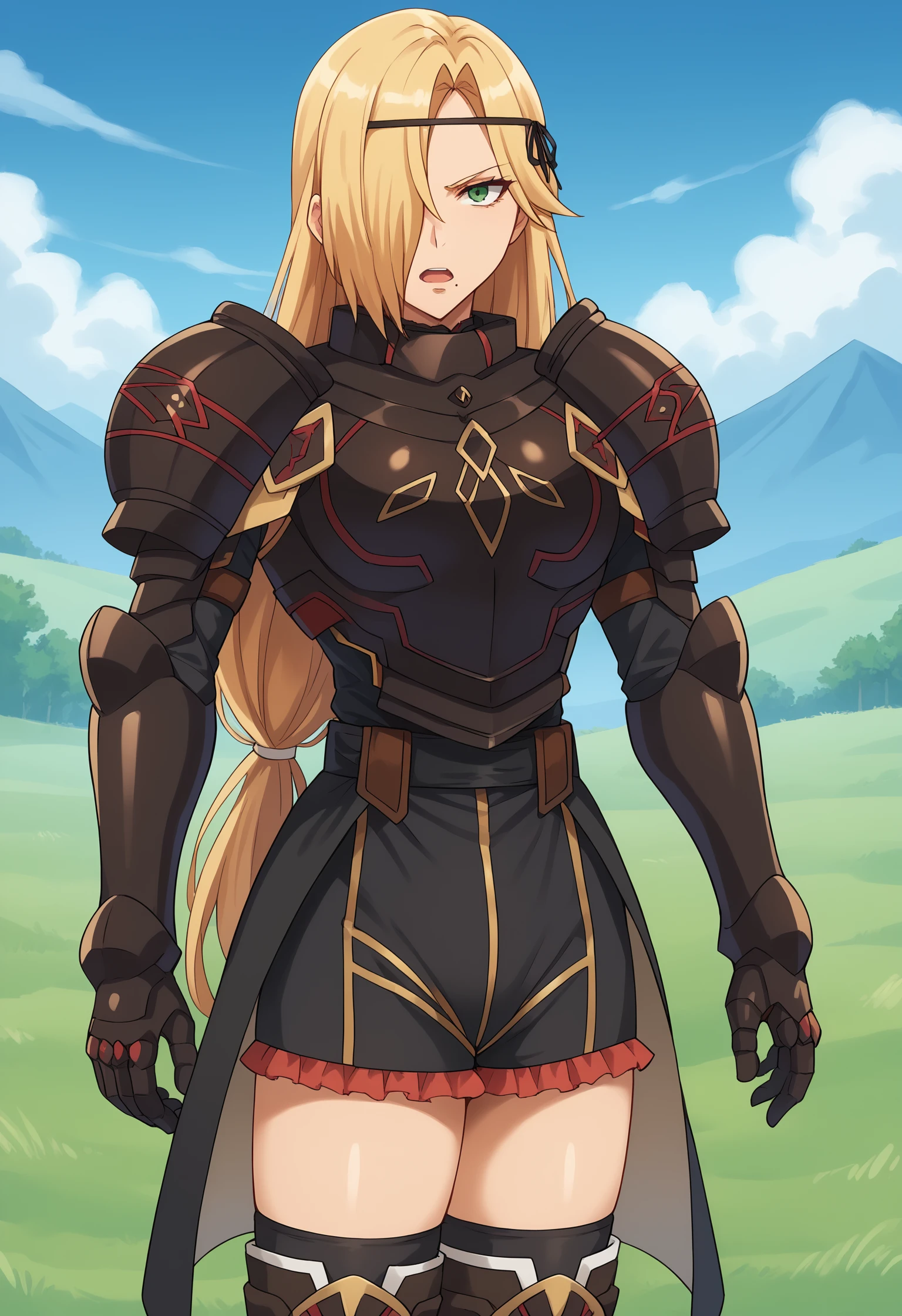 score_9, score_8_up, score_7_up, score_6_up, score_5_up, score_4_up, brown_armored_dress, Leinas_Rockbruise, looking_at_viewer, solo, large_breasts, open_mouth, mole_under_mouth, expressionless, one_eye_covered, knight, circlet, shoulder_armor, breastplate, gauntlets, black_skirt, frilled_skirt, miniskirt, groin, black_thighhighs, zettai_ryouiki, armored_boots, thigh_boots, standing, outdoors, day, blue_sky, cloudy_sky, mountainous_horizon, <lora:Leinas_Rockbruise_V1_2:0.8>