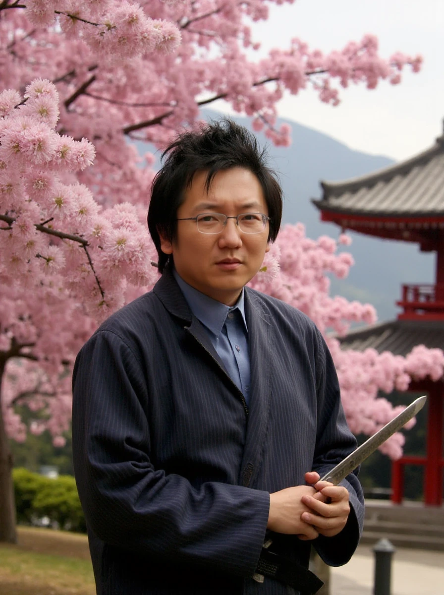 <lora:Hiro:0.9> hiro nakamura, a man with glasses. full body. He's dressed as a samurai and holds a katana sword. Blooming cherry tree and japanese temple