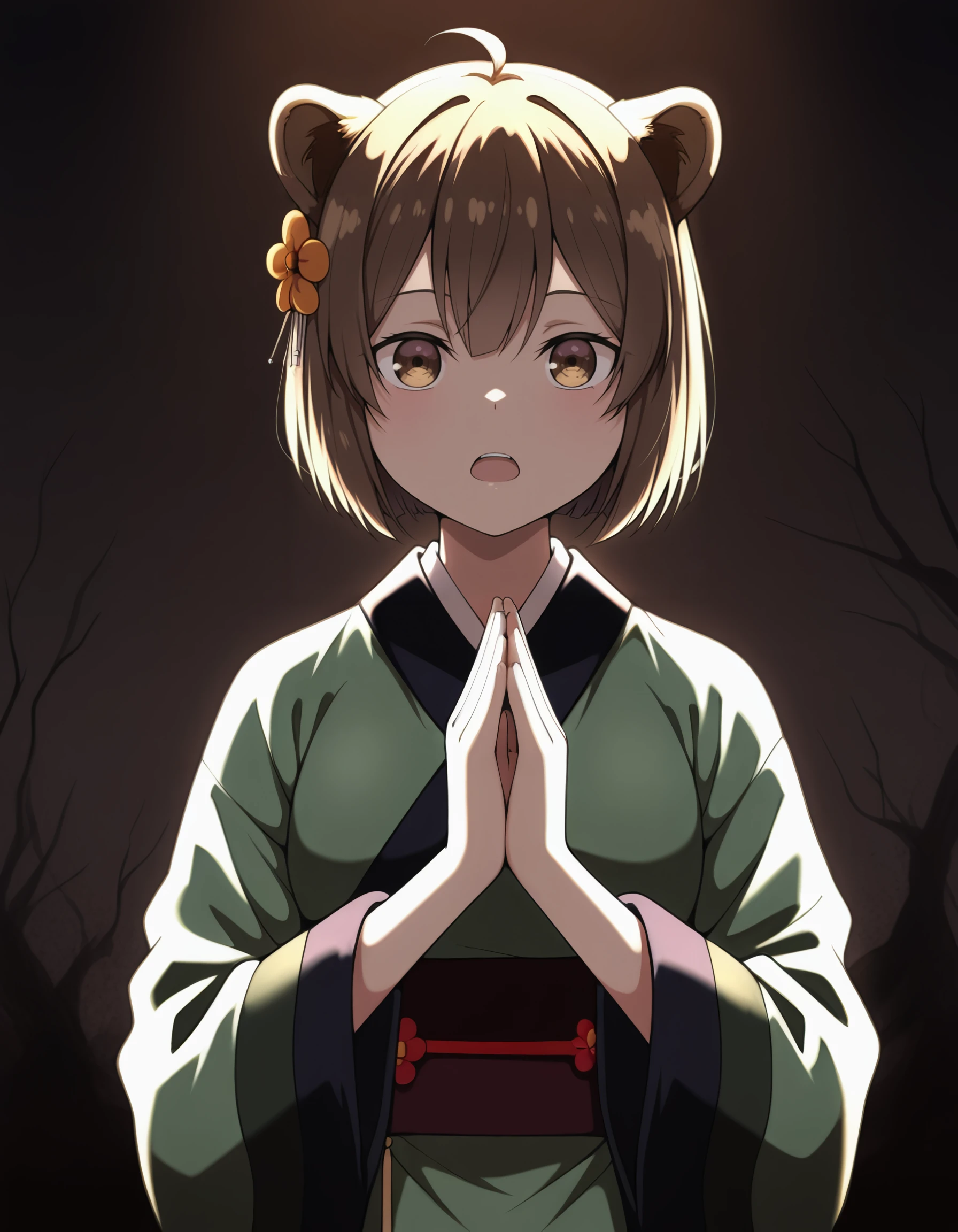 masterpiece, best quality, amazing quality,  <lora:seirei_gensouki_-_ruri_il:1> ruri, short_hair, brown_hair, hair_flower, bob_cut, brown_eyes, japanese_clothes, green_kimono, sash, obi, by_zexalmike, pose_imitation, solo, lion_ears, blood, looking_at_viewer, sidelocks, animal_ears, lion_girl, suit, business_suit, 1girl, crossed_bangs, open_mouth, oxfords, own_hands_together, dark_background, backlighting, ahoge