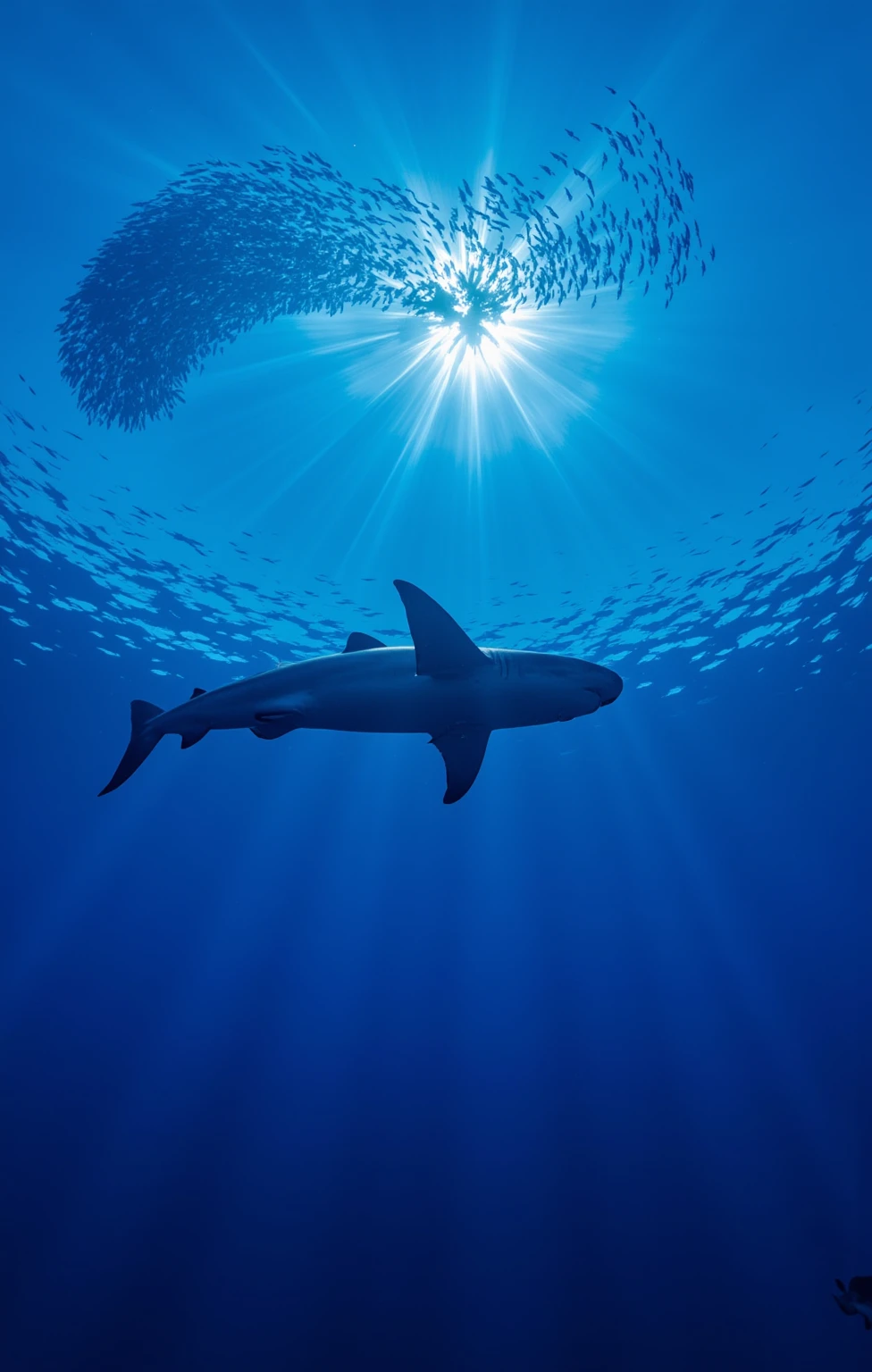 Underwater_Photography,Underwater_Photography,(A great white shark swimming in deep blue waters, surrounded by a school of fish:1.6),underwater,film,photo,photography,Undersea,underwater photography,fishs,