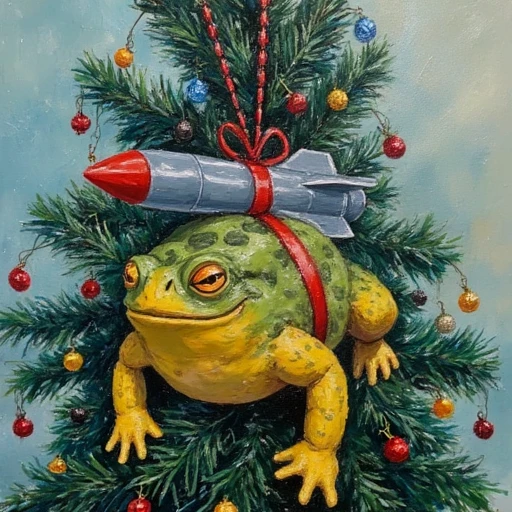 Oil painting of christmas tree that was decorated with multiple Missile Toads a toads that have rocket missle tied to it's back