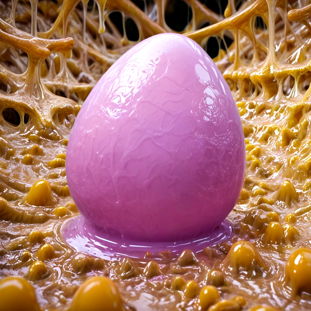 <lora:HNNM_IL_v3:0.5>, A hyper-realistic depiction of an alien egg covered in slime-like snot mucus, set in a dimly lit, eerie environment. The egg has a translucent, growing gelatinous surface with visible pulsating veiny veins inside