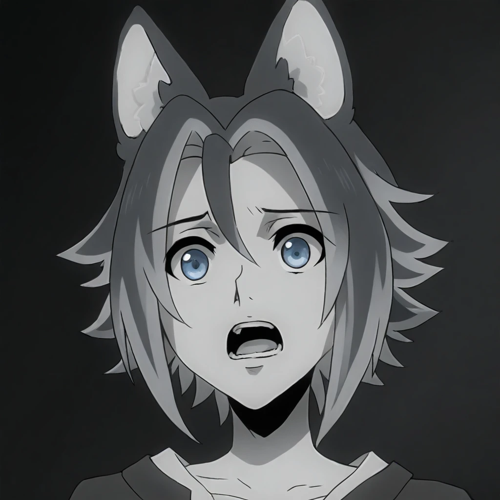 Keel, multicolored hair, black hair, gray hair, blue eyes, 1girl, solo, open mouth, short hair, animal ears, monochrome, male focus, multicolored hair, greyscale, teeth, wolf ears,