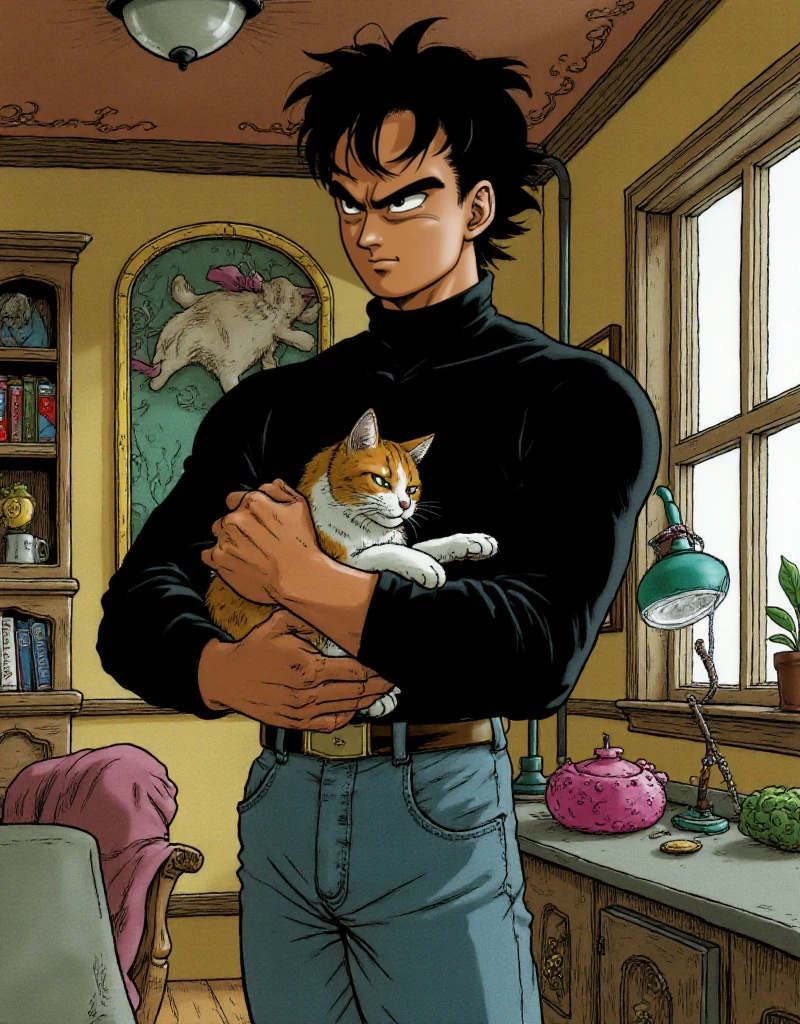 <lora:Akira_Toriyama_Style:0.9> akira toriyama style, a dark man wears a turtleneck and jeans. He holds a cat in a house