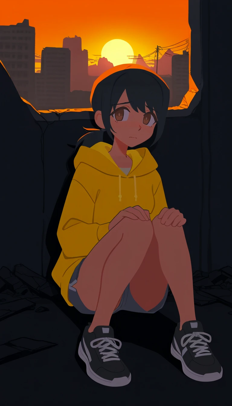 1girl, solo, ponytail, adult, black hair, brown eyes, yellow hoodie, shorts, black sneakers, worried, full body, holding knees, crouched, sitting, looking away from viewer, sunset, low light, shadows, ruins, abandoned city, <lora:BrushlineStyle_IllustXL:1.1>, flat color,