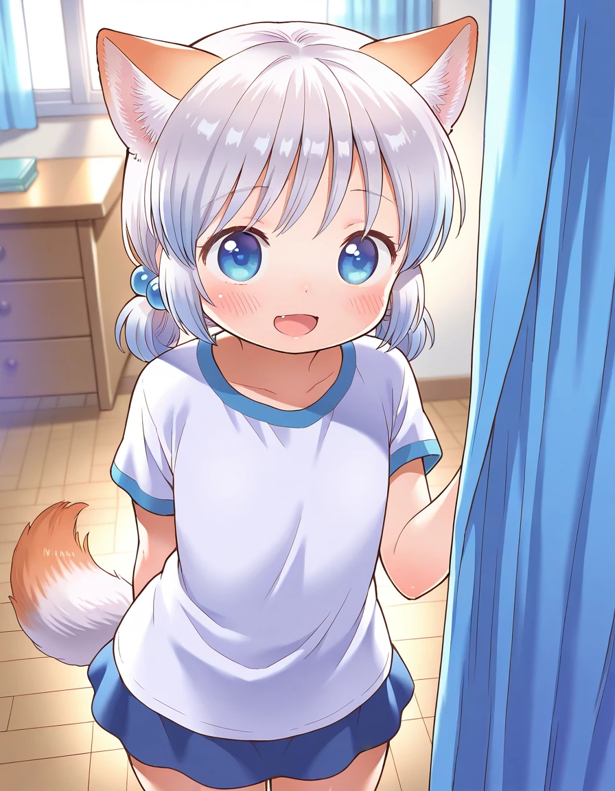 masterpiece, best quality, good quality, <lora:ookamisan_IS:1>  
ookamisan, animal ears, wolf ears, silver hair,  short twintails, blue eyes, flat chest, wolf tail, hair bobbles, short stack,
smile,  open mouth, 
short sleeve, blue skirt,
room, flooring, curtain, 
cowboy_Shot,