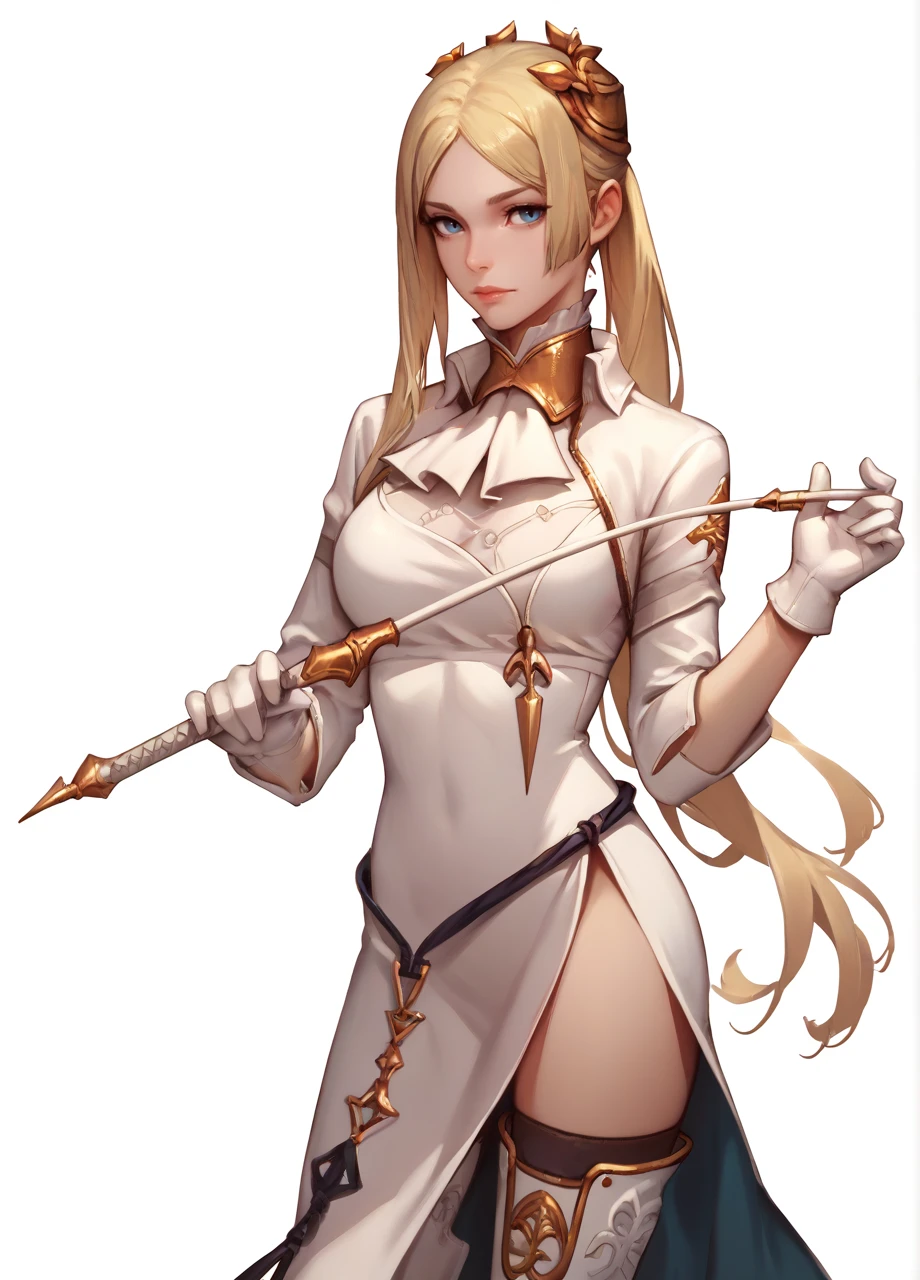 <lora:Nier_YorhaCommander-PONY:0.8> 1girl, solo, cowboy shot, white background, niershireikan, holding riding_crop, blonde hair, long ponytail, hair ornament, blue eyes, ascot, white dress, side slit, white gloves, thigh boots, score_8_up, score_7_up, score_6_up, score_5_up, score_4_up,