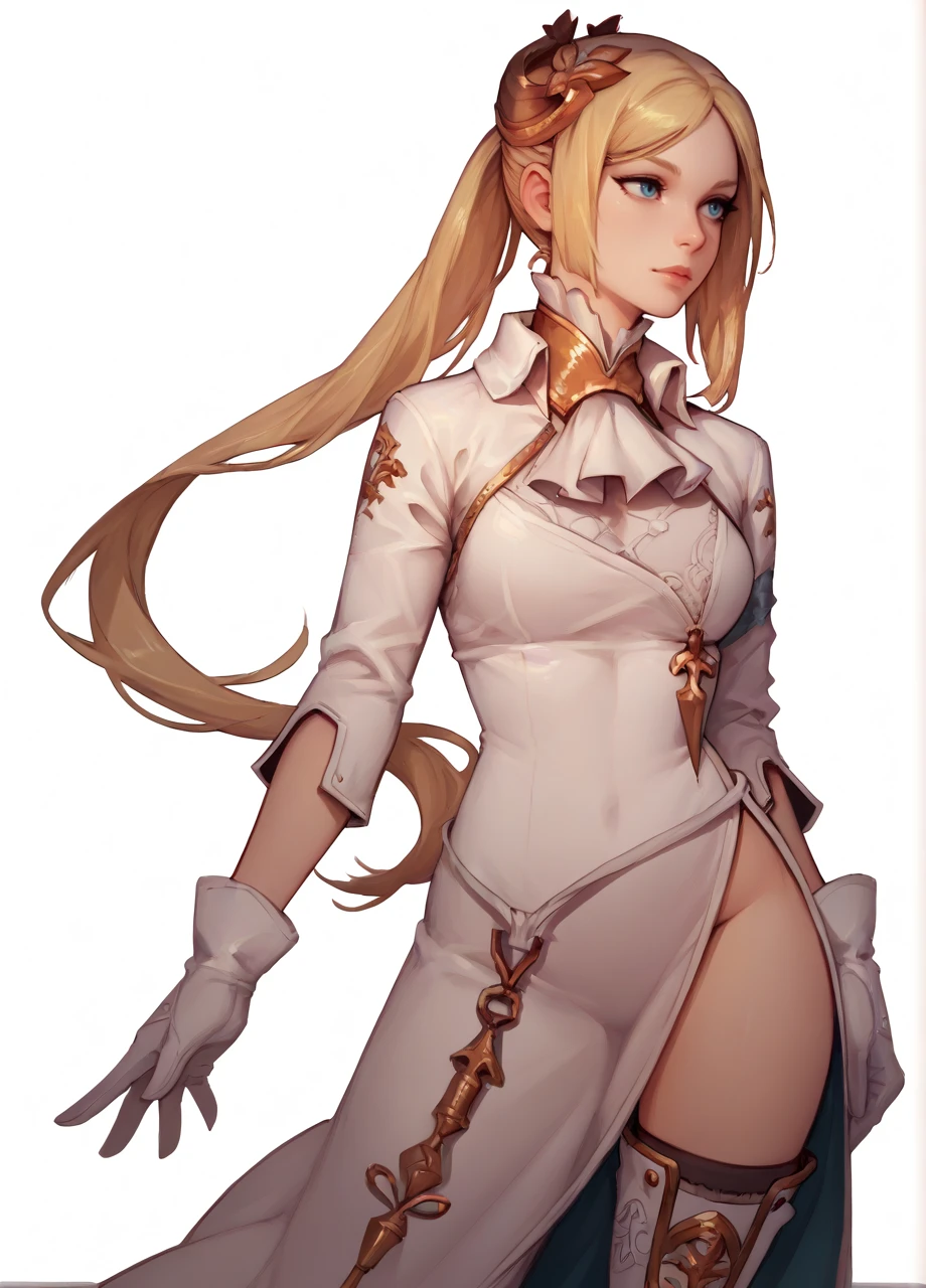 <lora:Nier_YorhaCommander-PONY:0.8> 1girl, solo, cowboy shot, white background, niershireikan, blonde hair, long ponytail, hair ornament, blue eyes, ascot, white dress, side slit, white gloves, thigh boots, score_8_up, score_7_up, score_6_up, score_5_up, score_4_up,