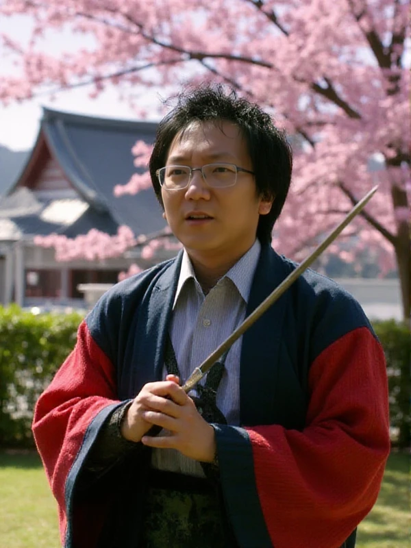 <lora:Hiro:0.9> hiro nakamura, a man with glasses. He's dressed as a samurai and holds a sword. Blooming cherry tree and japanese temple