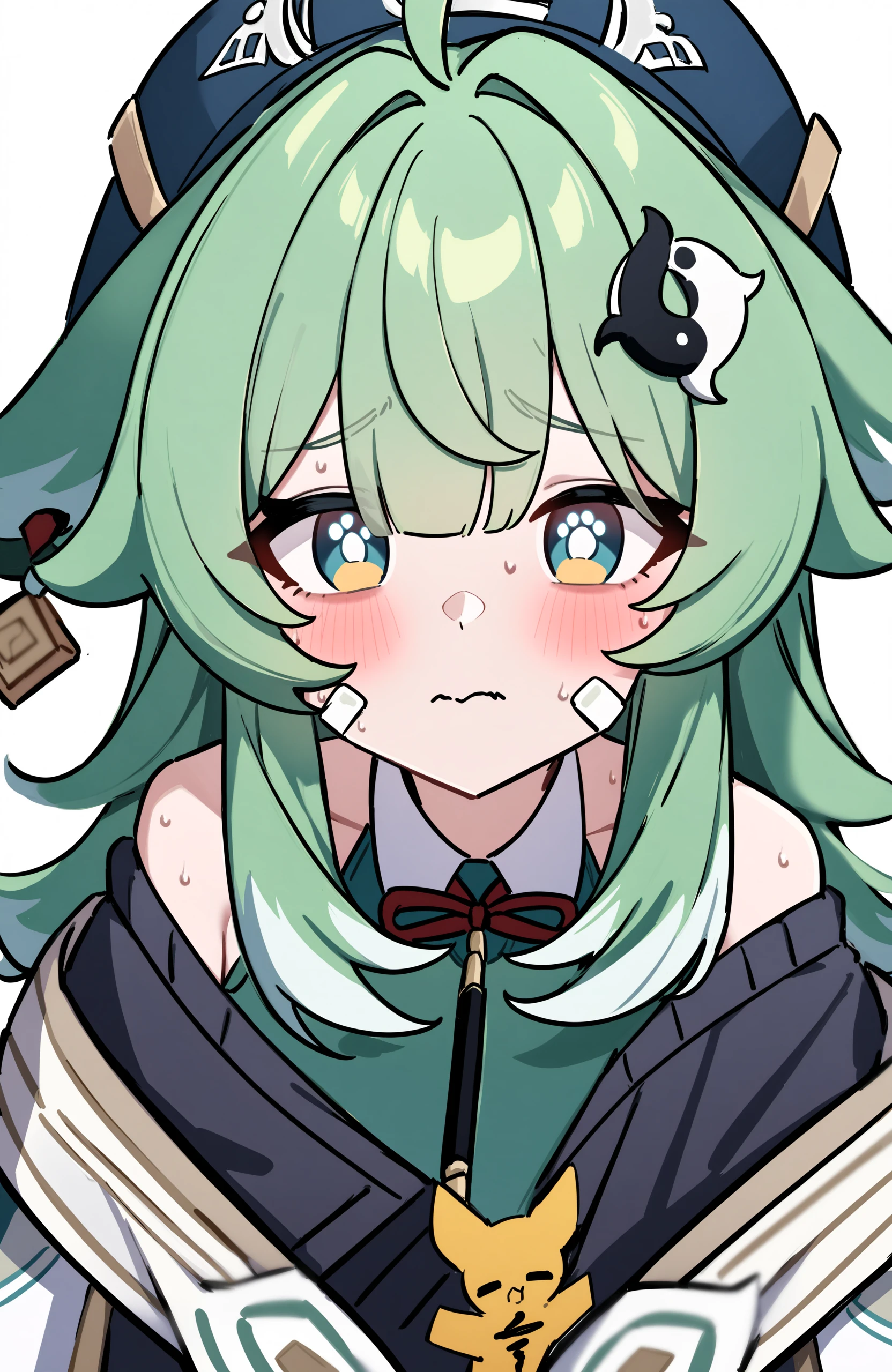 masterpiece,best quality,very aesthetic,absurdres,paw-shaped_pupils,
1girl,bandaid,bandaid_on_face,black_sweater,blush,fox_girl,green_hair,hair_between_eyes,highres,honkai:_star_rail,honkai_(series),huohuo_(honkai:_star_rail),looking_at_viewer,messy_hair,nervous,nervous_sweating,oversized_clothes,portrait,sidelocks,spiral,sweat,sweater,upper_body,white_background,yin_yang_hair_ornament,
<lora:HuoHuo1.1-000045>,