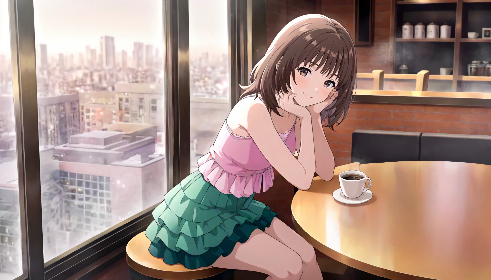 <lora:Is_IoriYoshizukiXLIllustrious001>,
masterpiece,best quality,good quality,newest,
detailed background,indoors,cafe,table,coffee,window_,city,glitter,
smile,
looking at viewer,
solo,
IoriYoshizuki,1girl,brown hair,medium hair,brown eyes,
pink camisole,blouse,sleeveless,
layered skirt,green skirt,pleated skirt,
sitting,