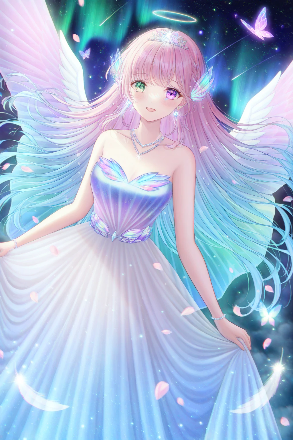 artist:, 1girl, fantasy, ethereal, floating hair, (iridescent), glowing, (aurora), galaxy background, floating, celestial, crystal clear, magical girl, heterochromia, detailed eyes, multicolored hair, flowing dress, constellation, shooting stars, sparkle, chromatic aberration, lens flare, depth of field, detailed lighting, starry background, bioluminescence, flower petals, translucent, angel wings, long flowing hair, gradient hair, pastel colors, hair ornament, jewelry, tiara, bare shoulders, detailed skin, strapless dress, cinematic lighting, dark background, glowing particles, butterflies, glitter, bubbles, rainbow, cherry blossoms, fog, volumetric lighting, caustics, reflective, gems, crystal, prism, detailed facial features, gold trim, gossamer, wind effect, light rays, luminous, glass, transparent, intricate details, necklace, bracelet, earrings, feathers, dramatic angle, dramatic lighting, bloom, glow, soft focus, fireflies, water droplets, venetian glass, crystal prism, rainbow reflection, pearl, silver accents,
(detailed, masterpiece, best quality, good quality, newest, very awa), absurdres, highres, scenery,