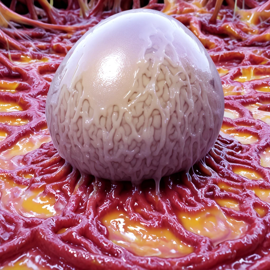 <lora:HNNM_IL_v3:0.5>, A hyper-realistic depiction of an alien egg covered in slime-like snot mucus, set in a dimly lit, eerie environment. The egg has a translucent, growing gelatinous surface with visible pulsating veiny veins inside