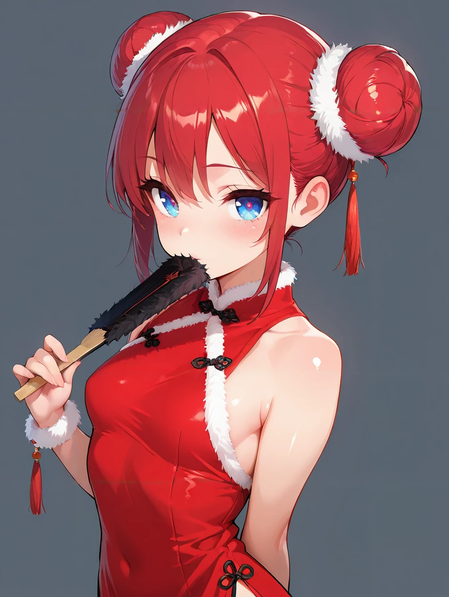 masterpiece,amazing quality,best quality,ultra-detailed,8K,illustration,CG,shiny hair,clear skin,ultra-detailed-eyes,simple background,cute girl, eyelashes,  <lora:chinese santa_illustrious_V1.0:0.8> chinese santa, santa, double bun, fur trim,hand fan