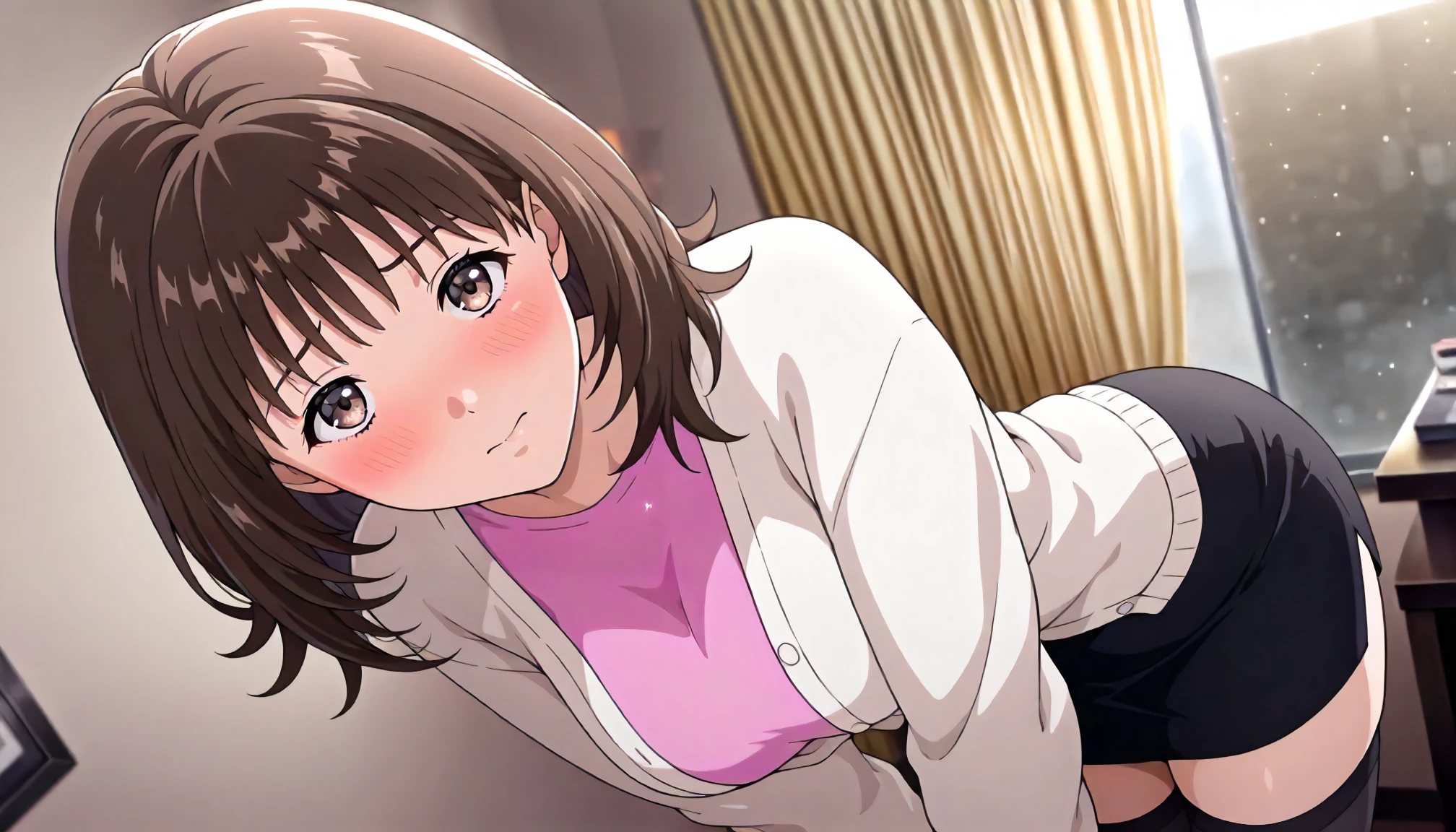 <lora:Is_IoriYoshizukiXLIllustrious001>,
masterpiece,best quality,good quality,newest,
detailed background,indoors,low table,window_,curtains,glitter,
blush,
looking at viewer,
solo,
IoriYoshizuki,1girl,brown hair,medium hair,brown eyes,
white cardigan,pink shirt,
black skirt,pencil skirt,
black thighhighs,
standing,