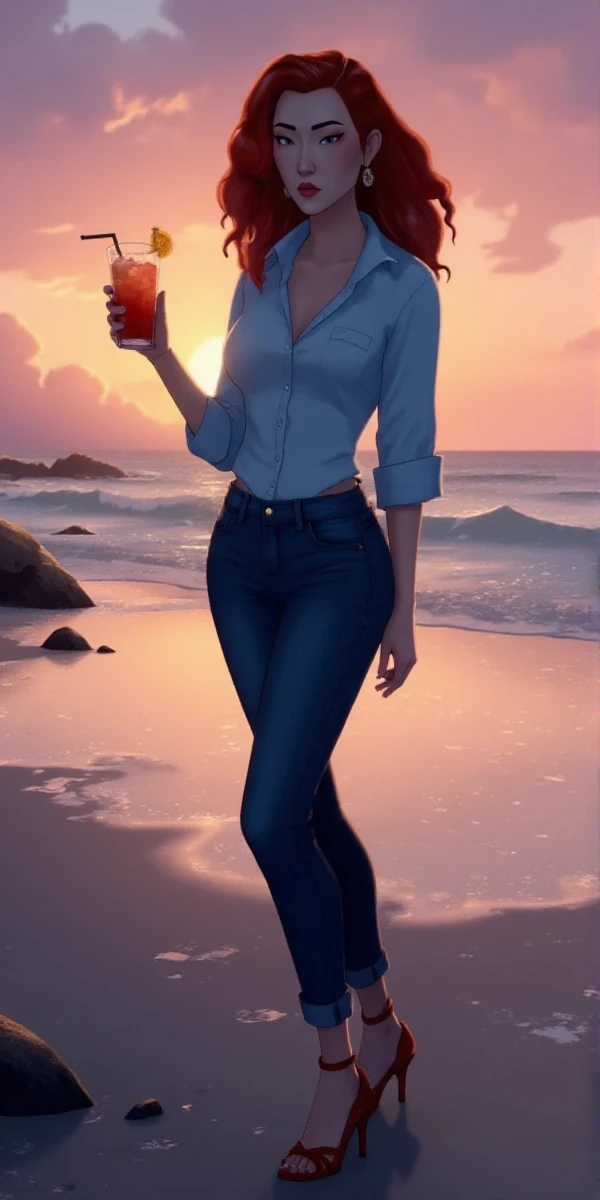 <lora:Blue_Eye_Samurai_Style:0.9> blue eye samurai style, full body, a redhead curly hair  woman wears a buttondown shirt and jeans and higheels and holds a cocktail on the beach at sunset