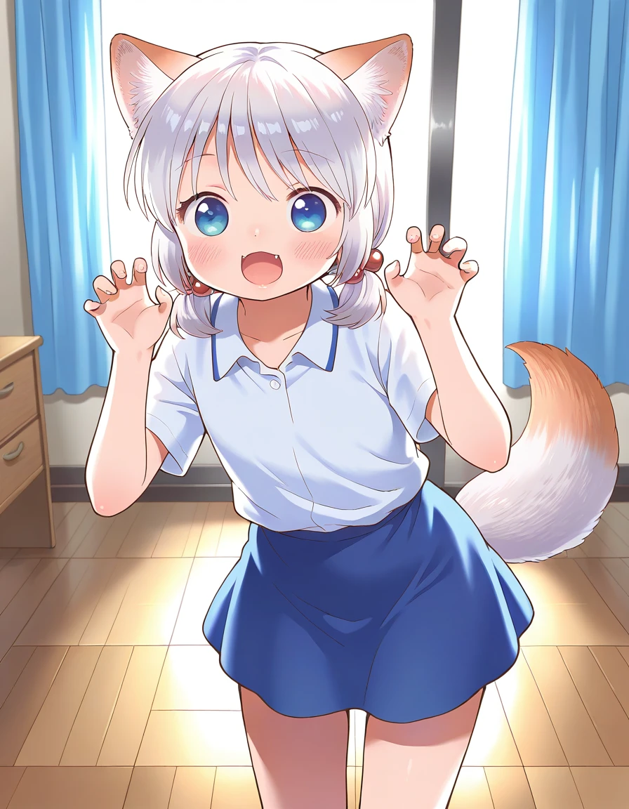 masterpiece, best quality, good quality, <lora:ookamisan_IS:1>  
ookamisan, animal ears, wolf ears, silver hair,  short twintails, blue eyes, flat chest, wolf tail, hair bobbles, smile,  
claw pose, open mouth, 
short sleeve, blue skirt,
room, flooring, curtain, 
cowboy_Shot,