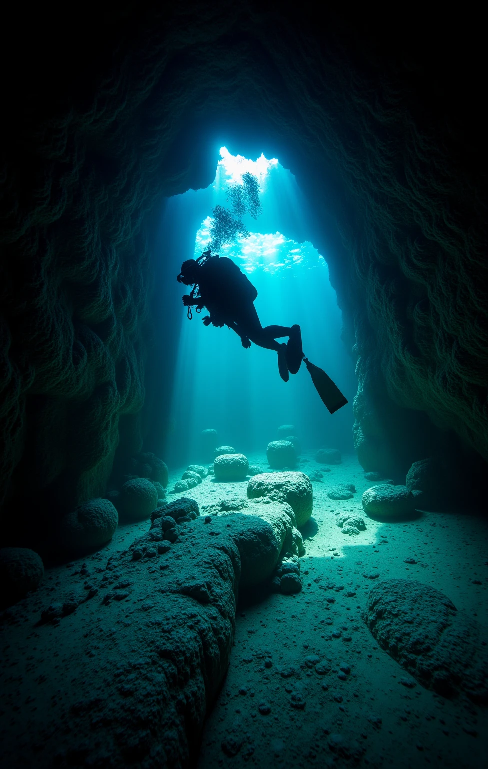 Underwater_Photography,Underwater_Photography,(Exploring underwater caves, a diver navigates through an ancient submerged landscape),underwater,film,photo,photography,Undersea,Subaquatic,Submersed,underwater photography,aquanaut,explorer