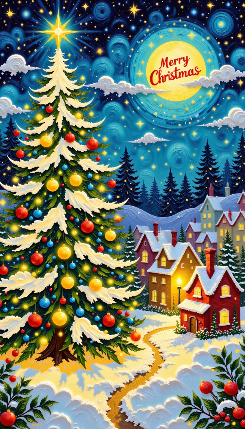 pinkvintagechristmasoilpainting, with text: ("Merry Christmas":1.1)

A festive snowy village with colorful glowing lights on every house, a tall Christmas tree sparkling with ornaments, and text "Merry Christmas" glowing in the star atop the tree.