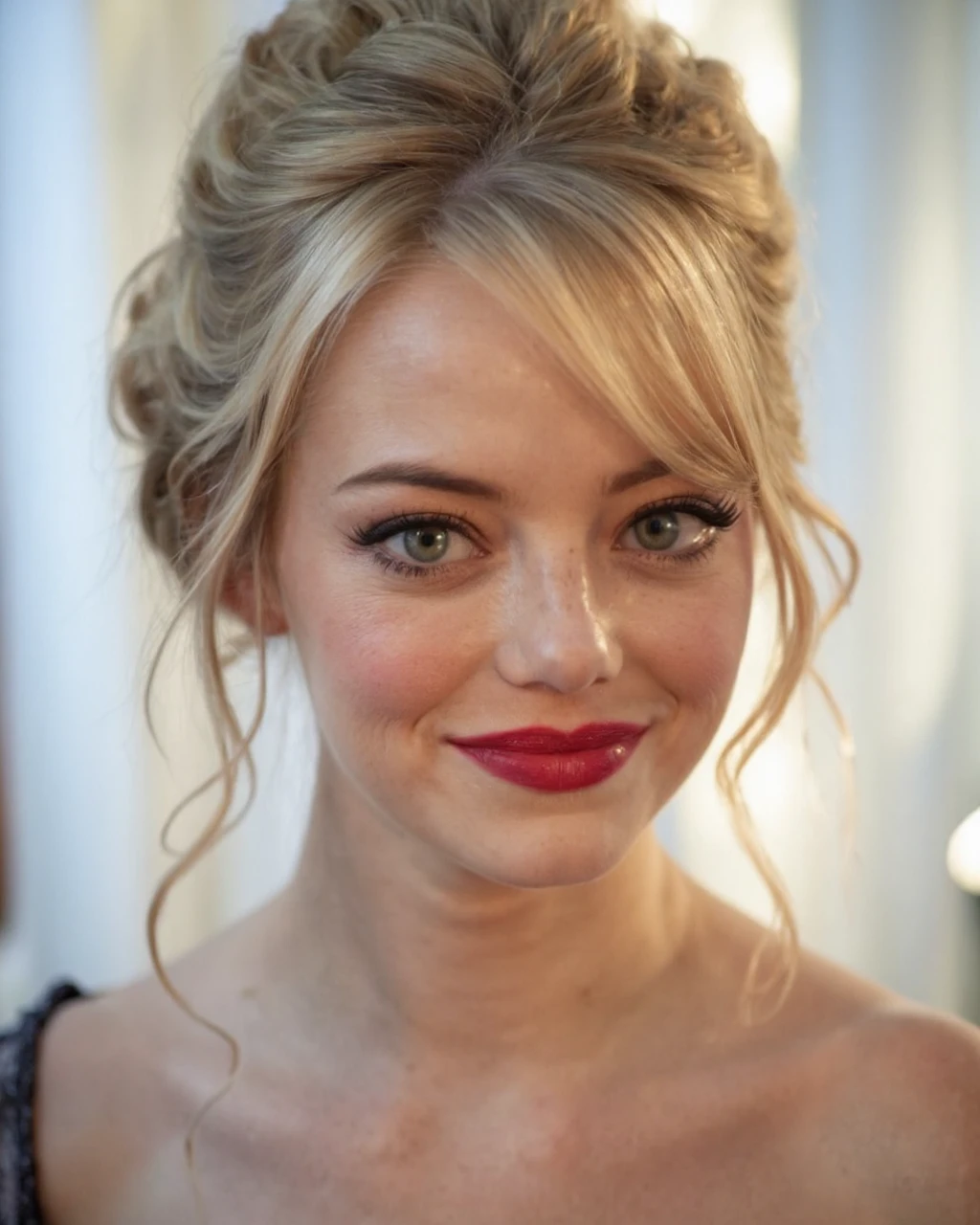 This is a high-resolution, close-up photograph of emma_stone with fair skin and light blonde hair styled in an elegant updo, with loose strands framing her face. She has striking hazel hazel green eyes and is smiling gently, showcasing her full lips painted in a rich, dark red lipstick. Her makeup is subtle yet accentuating, with a light blush and natural-looking foundation. The background is a soft, blurred gradient of pale blue and white, creating a dreamy, ethereal effect that enhances the subject's delicate features and soft lighting. The photograph is taken in a studio setting with soft, diffused lighting that highlights her skin texture and creates a warm, inviting ambiance. The texture of her skin is smooth and radiant, and her hair appears silky and well-groomed. She is wearing a delicate, off-the-shoulder garment with a lace trim, adding a touch of sophistication to her appearance. The overall style of the photograph is elegant and intimate, capturing a serene moment of beauty and calmness.