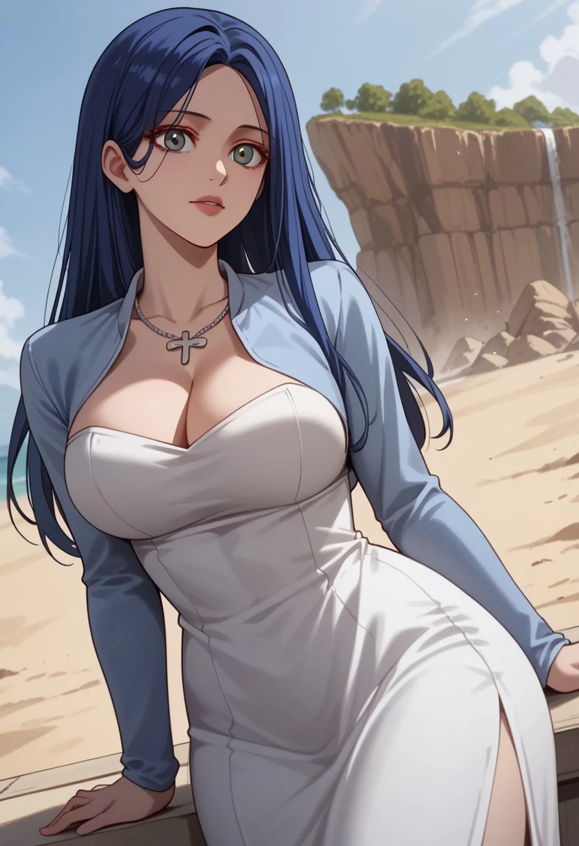 score_9, score_8_up, score_7_up, BREAK, HuaLei, long hair, blue hair, grey eyes, large breasts, necklace, cleavage, blue jacket, cropped jacket, long dress, white dress, side slit, 1girl, solo,