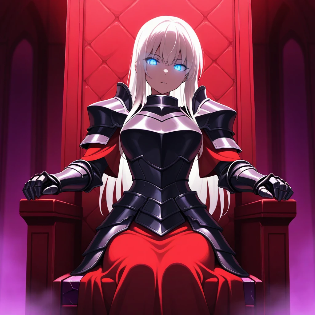 masterpiece, best quality,  1girl, solo, white hair, blue eyes, black armored dress, looking at viewer, glowing eyes, purple lighting, sitting, on throne, red theme, cowboy shot, indoors, red fabric, dim lighting, fog, dark caustics, anime screencap,