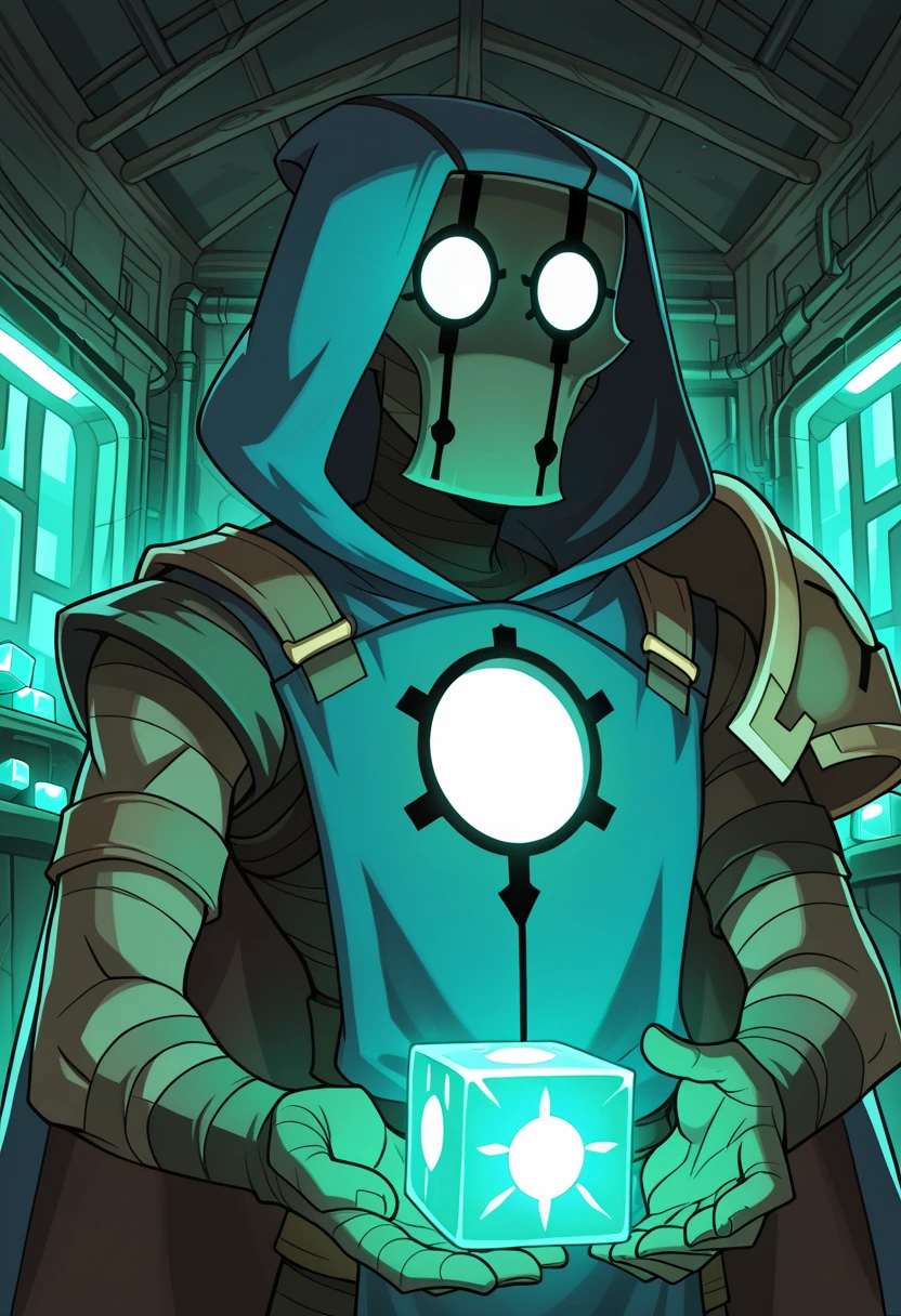 nox_wakfu, 1man, bandages, shoulder armor, hold Eliacube, glowing cube, factory, indoors, upper body, cape, blue hood