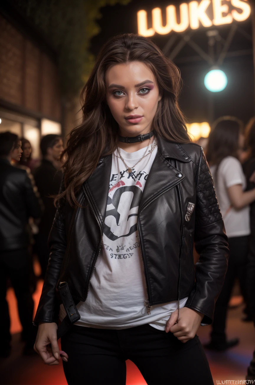 , best quality,  realistic,   <lora:LanaRhoadesQuiron _v05i03e20t05_Lora:0.87> lanarhoadesQuiron woman, 
makeup,  Louis Vuitton black leather biker jacket,   ,  Dappled Light, (look at viewer),intricate detailed, flash photography, realistic, amazing photo of a pretty woman , , at blurred background crowded nightclub party background, , 
Defensive stance