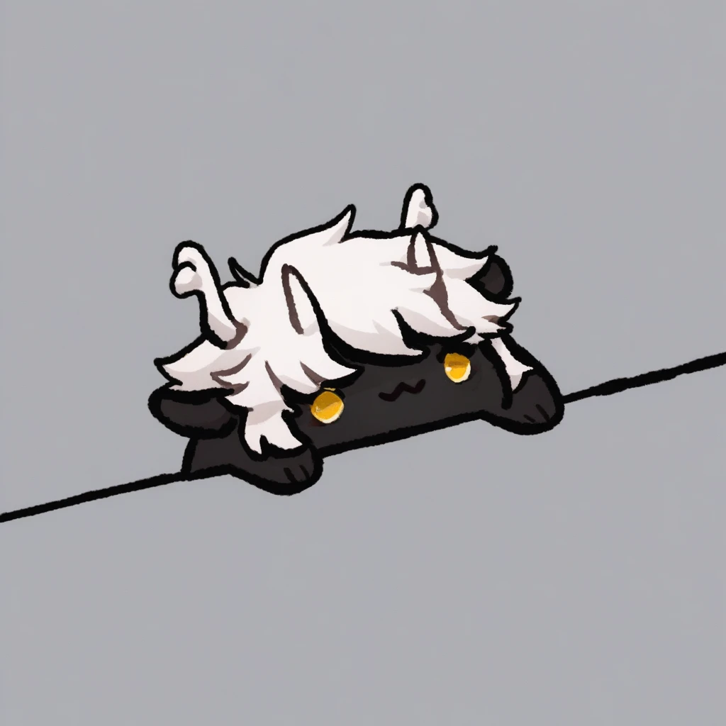 score_9, mikus-concept, upper body, eyes dot, black fur, yellow eyes, white hair, white horns, black sweater, white hair, black line