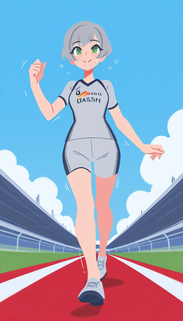 1girl, solo, grey hair, very short hair, green eyes, sportswear, running, dash, smile, sweating, adult, day, sunny, outdoors, race track, motion lines, sounds, full body, from below, <lora:BrushlineStyle_IllustXL:1.1>, flat color,