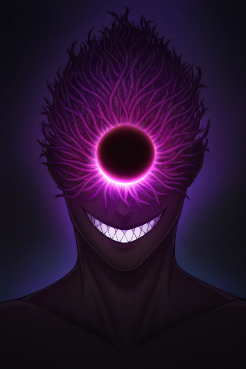 artist:, 1boy, vtuber, anime style, original character, dark skin, non-reflective skin, black hole theme, multiple eyes, glowing eyes, different sized eyes, iris patterns, ethereal glow, closed eyes, half lidded eyes, wide smile, predatory smile, sharp teeth, multiple rows of teeth, white teeth, bust up, waist up, three quarters view, playful expression, energetic pose, space background, modern anime, clean lines, vibrant colors, semi realistic lighting, cosmic horror theme, dark fantasy elements, digital art, concept art, high detail, dramatic lighting, dark light contrast, unique features, exotic features, unconventional design, light absorbing skin, body eyes, star like eyes, subtle background, eerie cuteness, cute and creepy, adorable horror, dark cute, kawaii x horror, Lovecraftian aesthetics, eldritch elements, avatar design, vtuber character,
masterpiece, best quality, good quality, newest, very awa, absurdres, highres,