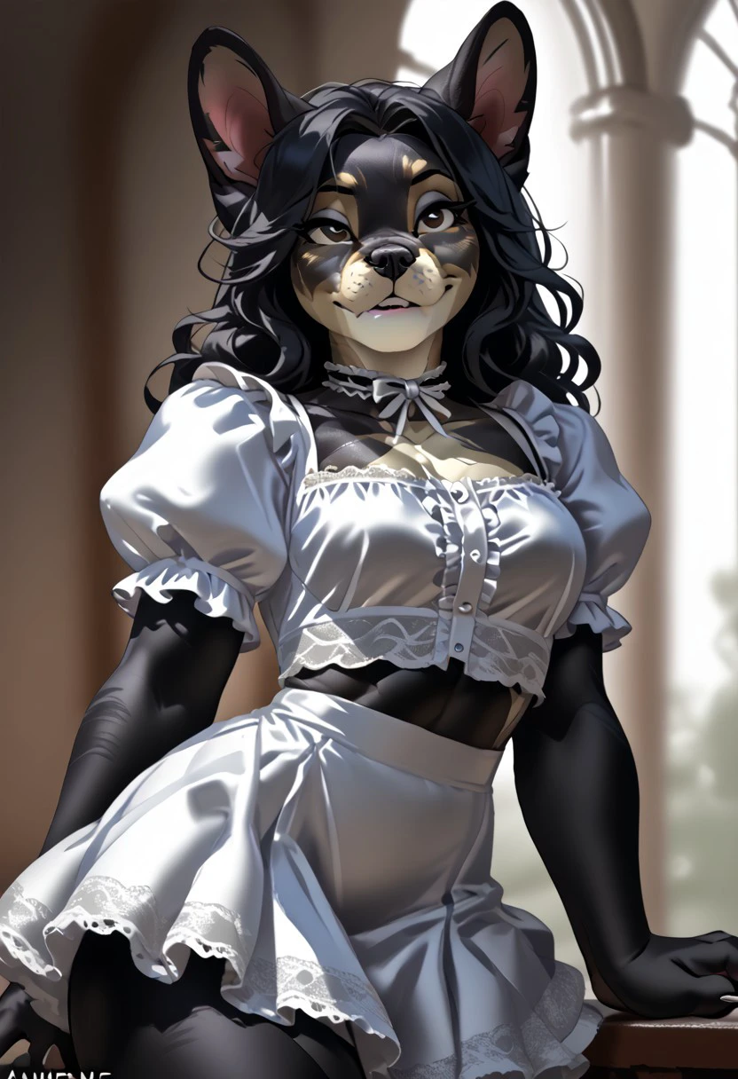 score_9, score_8_up, score_7_up, (by kittydee:1.5), (by jailbird:1.5), (by zummeng:1.5), masterpiece, best quality, (solo),  
(Furry Art : Anthro :French Bulldog:1.9), transgirl, expressive eyes, feminine eyes, <lora:beautiful_detailed_eyes:1>, perfect face, feminine face, (beautiful brunette hair), (shoulder length wavy hair:1.3), black fur:1.5, feminine body, medium breasts, (flat belly:1.3), (wide hips:1.4), (slim waist:1.2), (muscular abs:1.2), (muscular biceps:1.2), (thick muscular thighs:1.4), (black frilly skirt:1.5), (white gothic shirt with puffy sleeves:1.5), (light brown eyes),