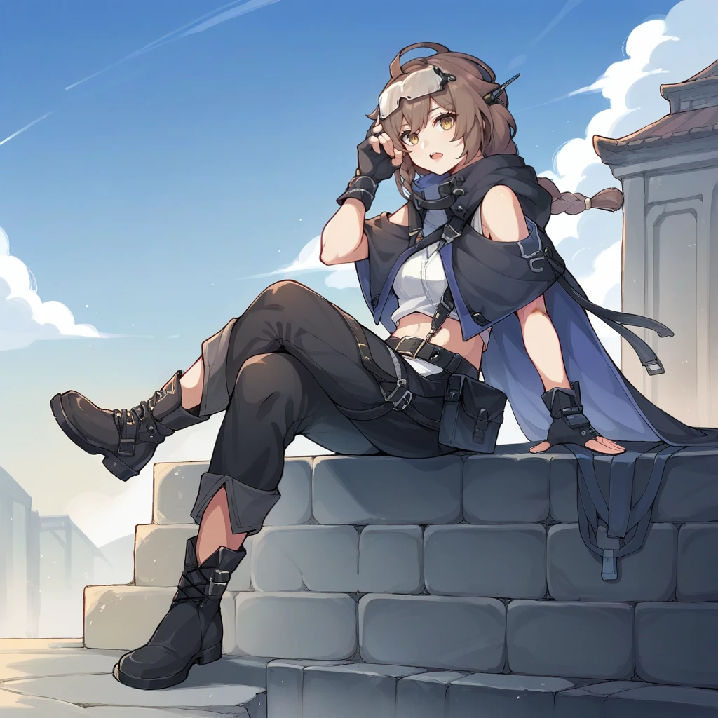 score_9_up, score_8_up, score_7_up, source_anime, 1girl, solo, day, clouds, sky, sitting on stone ledge, crossed legs, black footwear, boots, looking at you, from side, ankle boots, angled shot, full body, curious, open mouth, mature body, dynamic cowboy shot, Kokona, Fol001, Kon_Def, brown hair, yellow eyes, braided ponytail, ahoge, black cloak, cloak, high collar, shoulder cutout, cropped shirt, white shirt, sleeveless shirt, midriff, black belt, panty straps, black pants, black gloves, fingerless gloves, goggles on head, goggles, headgear,