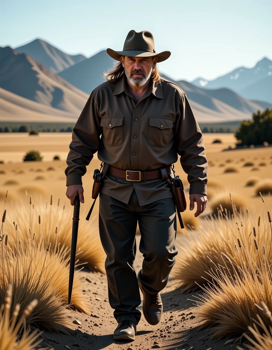 full body long shot: a Patagonian adult man (prowls:1.2) through the plains with a (angry:1.2) expression, 35mm lens, natural lighting, clearly defined facial features, sharp background, deep depth of field, (rim lighting:1.4), full body long shot: a Patagonian adult man (prowls:1.2) through the plains with a (angry:1.2) expression, 35mm lens, natural lighting, clearly defined facial features, sharp background, deep depth of field, (rim lighting:1.4), elegant, highly detailed, rich colors, dramatic cinematic atmosphere