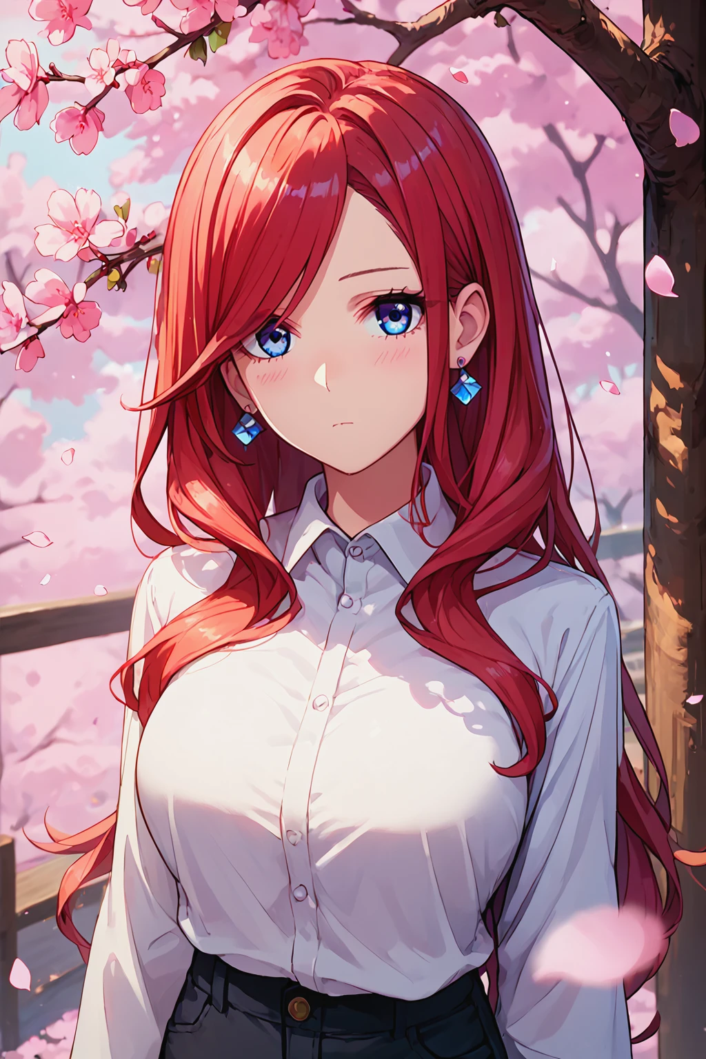 score_9, score_8_up, score_7_up, source anime,
portrait, looking at viewer, expressionless, blush,
1girl, <lora:5-Toubun - Nakano Rena v1.2:0.8>, nakano rena, swept bangs, blue eyes, large breasts, earrings,
collared shirt, white shirt, black pants, cherry blossoms, tree, petals,