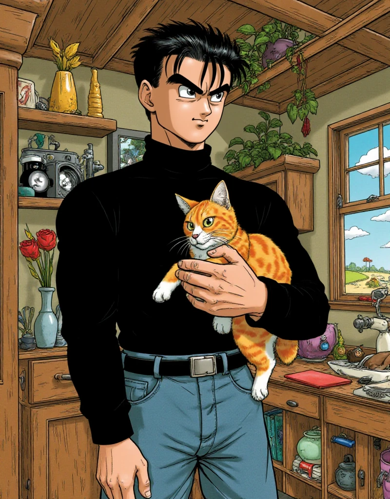 <lora:Akira_Toriyama_Style:0.9> akira toriyama style, a dark man wears a turtleneck and jeans. He holds a cat in a house