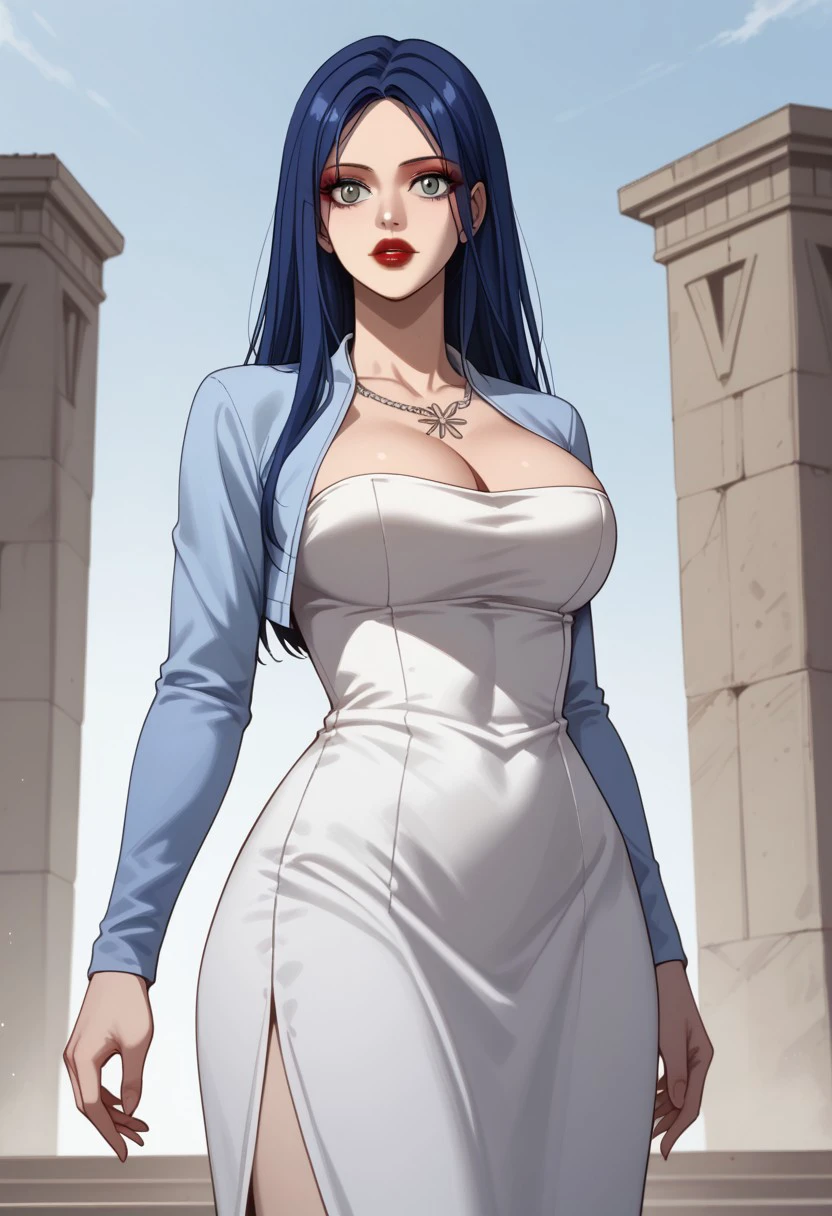 score_9, score_8_up, score_7_up, BREAK, HuaLei, long hair, blue hair, grey eyes, large breasts, red lips, makeup, necklace, cleavage, blue jacket, cropped jacket, long dress, white dress, side slit, 1girl, solo,